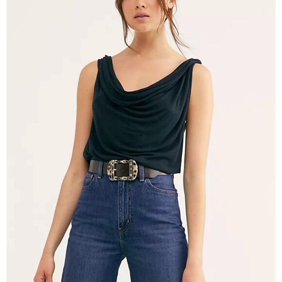FREE PEOPLE My Way Drape Cowl Neck Open Back Tank Top Gray Romantic Cropped SZ L - Picture 1 of 7